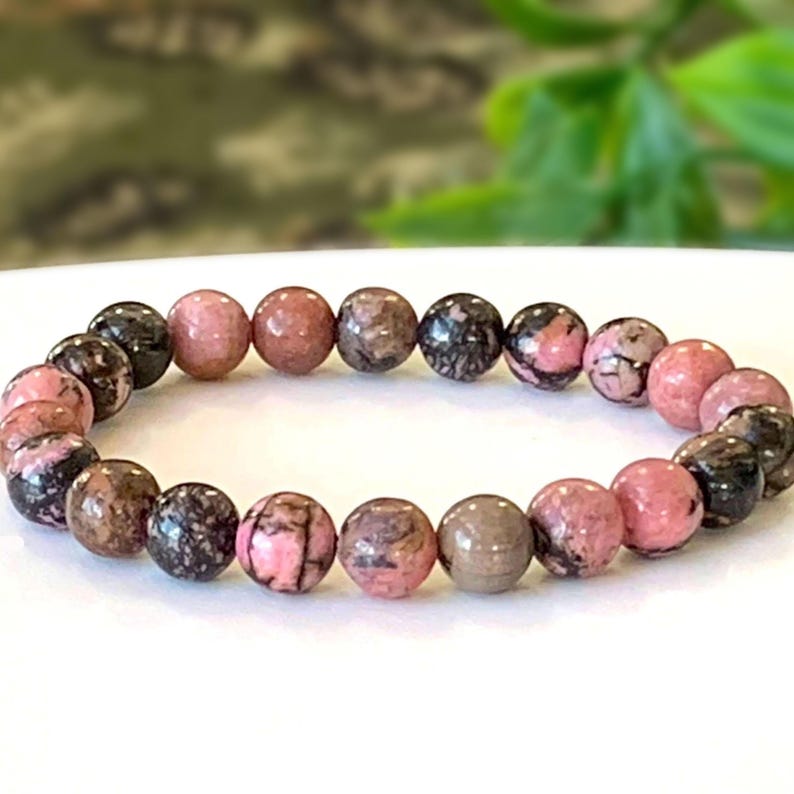 Natural Rhodonite Gemstone Stretch Bracelet Handmade with Polished Genuine Gemstones, Custom Fit