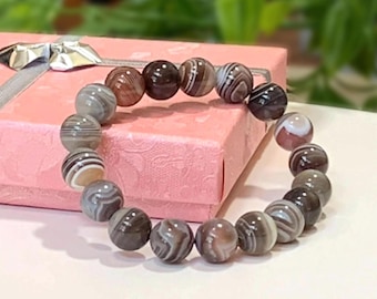 Botswana Agate Bracelet - 10mm Grade AA+ Natural Gemstone Protection Jewelry - Stretch Bracelet