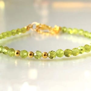 Dainty Peridot Bracelet, Premium Grade Gemstone Bracelet, Small 4mm Beads, August Birthstone, 18K Gold-Plated Sterling Silver