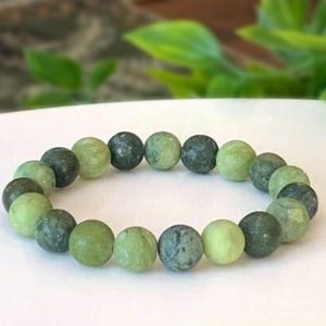 Natural Green Jade Bracelet made with 10mm Frosted Jade Beads, Premium Grade Stretch Gemstone Bracelet, Harmony, Prosperity, Good Luck