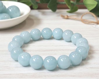 Aquamarine Bracelet - Natural Gemstone Beaded Stretch Bracelet, Large 12mm Beads