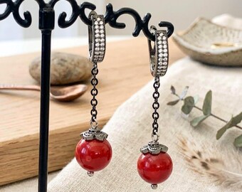 Natural Red Coral Dangle Earrings Handmade with Brass & Cubic Zirconia Findings 1.5" Drop Length