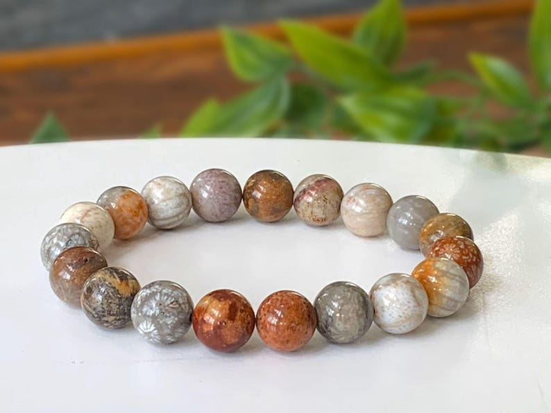 Fossil Coral Bracelet: 10mm Gemstone Beads, Earthy Jewelry Stretch Cord