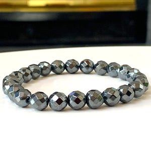 Faceted Hematite Stretch Bracelet: Grounding Protection Gemstone Jewelry, Bracelet for Men & Women