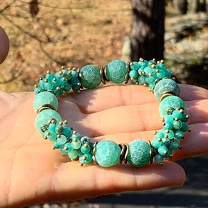 Agate Bracelet, Green Agate Stretch Bracelet, Natural Agate gemstones, Large 12 mm Weathered Agate Beads