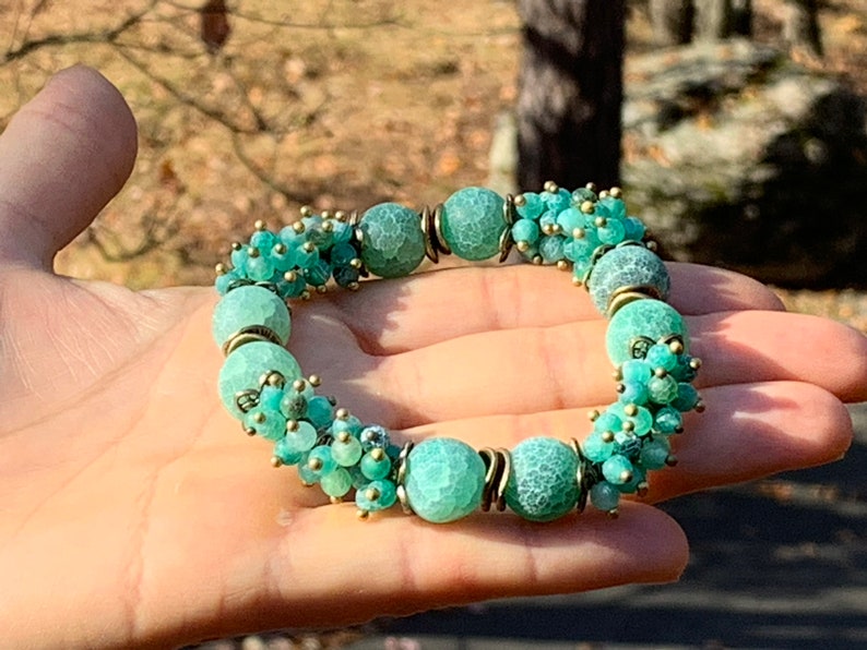 Agate Bracelet, Green Agate Stretch Bracelet, Natural Agate gemstones, Large 12 mm Weathered Agate Beads
