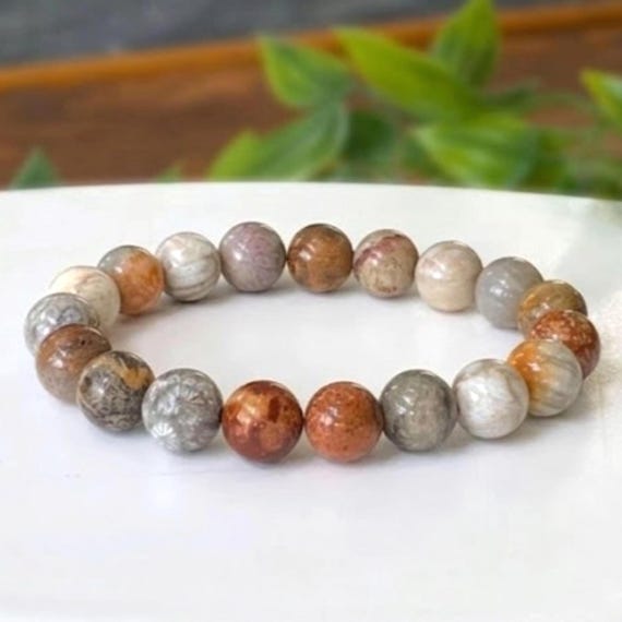 Natural Fossil Coral Gemstone Stretch Bracelet Handmade with large 10mm Coral Beads