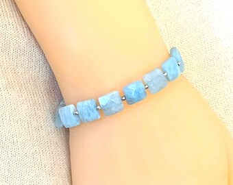 Aquamarine Premium Grade Stretch Gemstone Bracelet, March Birthstone, QZ Lock