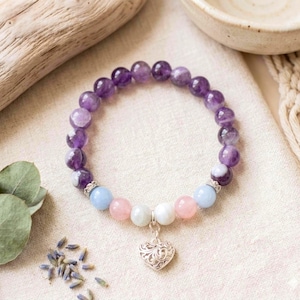 Pulsera de amatista, cuarzo rosa, piedra lunar y aguamarina - Charm de corazón de plata de ley, pulsera elástica de piedras preciosas