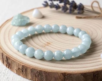 Aquamarine Gemstone Stretch Bracelet: March Birthstone, Calming Crystal Jewelry, Blue Aquamarine Beads