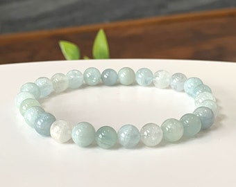 Aquamarine Gemstone Bracelet - Stretch Bracelet, March Birthstone, 7mm Grade A+ Natural Aquamarine Beads, Gift for Her, Gift for Him