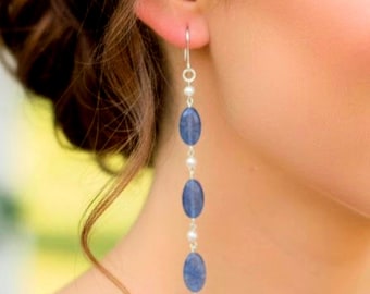 Kyanite & Pearl Earrings - Sterling Silver - Gemstone Earrings - 4" Drop Length