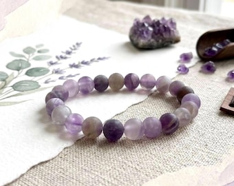 Frosted Amethyst Bracelet, 8mm Natural Gemstone Beaded Stretch Bracelet, February Birthstone Jewelry Gift