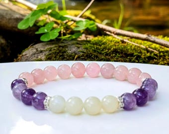 Madagascar Rose Quartz Amethyst Moonstone Bracelet Cubic Zirconia Spacers Gemstone Stretch Bracelet