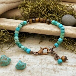 Dainty Turquoise & Tiger Eye Gemstone Bracelet: 4.5mm December Birthstone Jewelry, Copper Accents