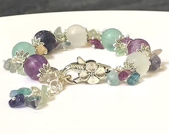 Frosted Fluorite Crystal Bracelet: Silver Brass Accents, Calming Gemstone