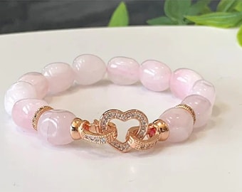 Madagascar Rose Quartz Crystal Bracelet - Heart Shape Lock - large Tumbler Shape Rose Quartz Beads, Love, Friendship, Stretch Bracelet