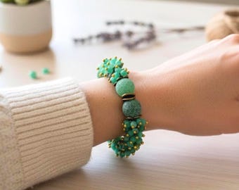 Green Agate Gemstone Bracelet - Weathered Frosted Stone Stretch Bracelet, Statement Jewelry for Women
