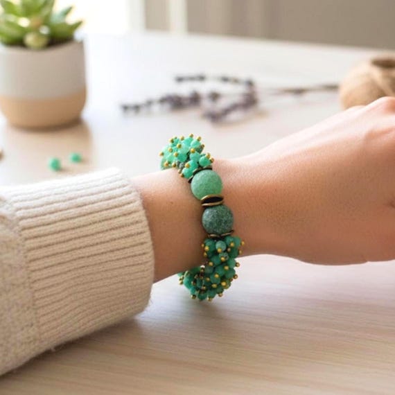 Green Agate Gemstone Bracelet - Weathered Frosted Stone Stretch Bracelet, Statement Jewelry for Women