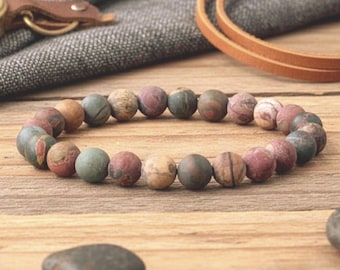 Matte Picasso Jasper Bracelet - Natural Gemstone Stretch Jewelry for Men & Women