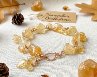 Citrine Bracelet - Brazilian Citrine Tumbler Gemstones - Hand-Hammered Bronze, November Birthstone Crystal Jewelry