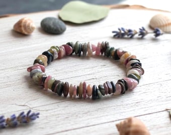 Rainbow Tourmaline Bracelet: Multicolor Chip Gemstone Stretch Bracelet, October Birthstone