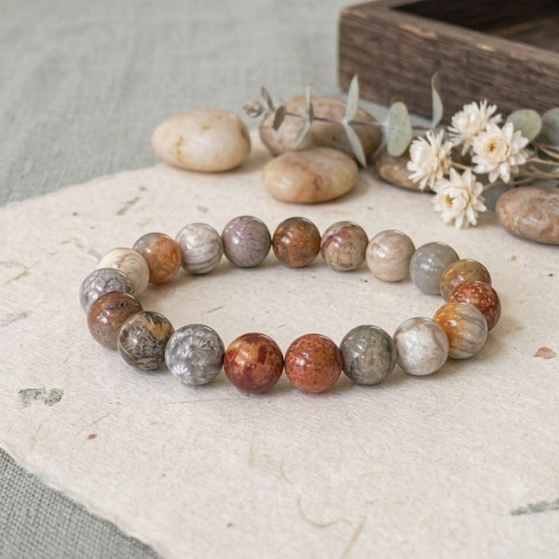 Natural Fossil Coral Gemstone Stretch Bracelet Handmade with large 10mm Coral Beads