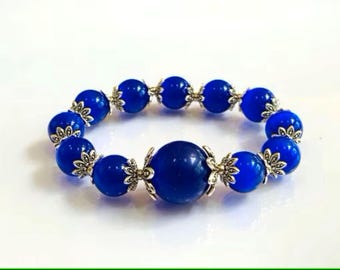Blue Cat&#39;s Eye Glass Bead Bracelet: Tibetan Silver Accents, Stretch Cord