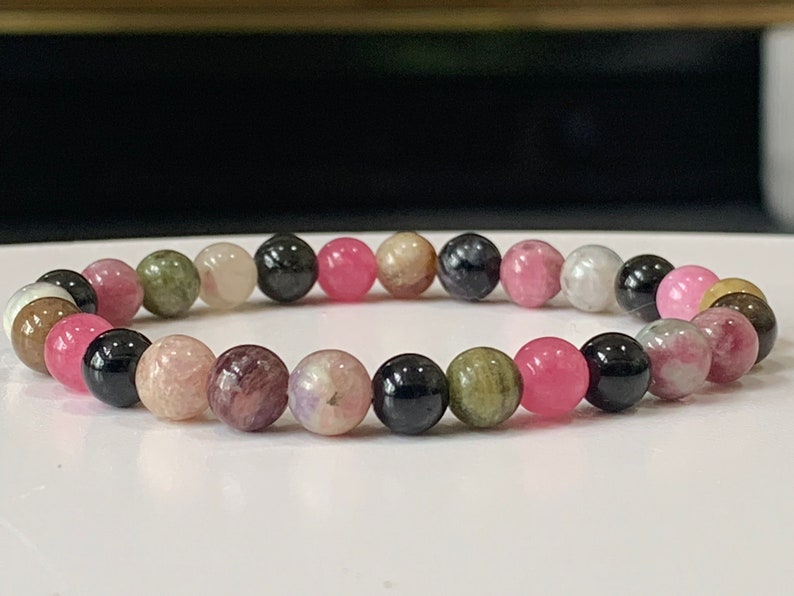 Rainbow Tourmaline Bracelet, Premium Grade Stretch Gemstone Bracelet, 6mm Round Polished Beads, October Birthstone Minimalist Bracelet
