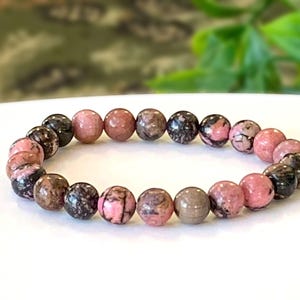 Natural Rhodonite Gemstone Bracelet - Premium Grade Polished Stretch Gemstone Bracelet, Balance, Compassion, Gift for Her, Gift for Him