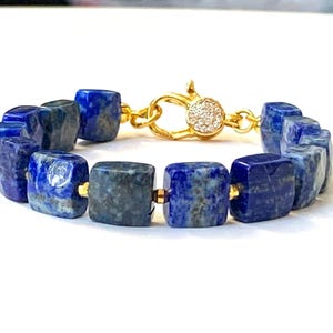Lapis Lazuli Bracelet - Premium Grade Lapis Lazuli Gemstone Bracelet, 10mm lapis Lazuli Flat/Square Stones, 14K Gold-Plated Beads and Lock