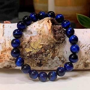 Blue Tiger&#39;s Eye Bracelet, Premium Grade Stretch Gemstone Bracelet, 6mm, 8mm, 10mm Blue Tiger&#39;s Eye Beads (Color-Enhanced)