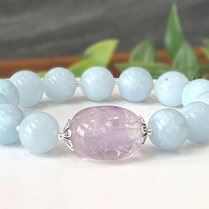 Natural Aquamarine & Amethyst Bracelet, Premium Grade Stretch Gemstone Bracelet, Sterling Silver, March Birthstone, Large 12mm Beads