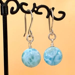 Larimar Hoop Earrings: Sterling Silver Gemstone, Caribbean Blue