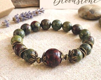 African Bloodstone Bracelet - Genuine Gemstone Stretch Bracelet with Bronze Spacers