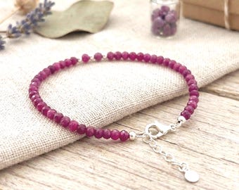 Dainty Ruby Bracelet - Faceted 4mm Gemstones - 24K Gold-Plated or 925 Sterling Silver, July Birthstone