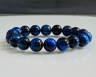 Blue Tiger's Eye Gemstone Bracelet - Stretch Bracelet, Natural Blue Tiger Eye Beads (Color-Enhanced), Protection Bracelet, Gift for Him