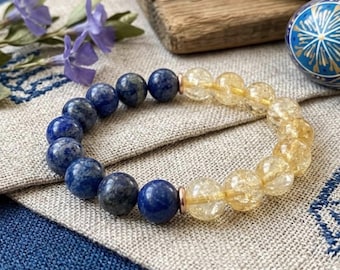Natural Lapis Lazuli & Citrine Gemstone Stretch Bracelet Grade AA+ Gemstones Custom Fit Bracelet
