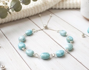 Genuine Larimar Gemstone Bracelet: 925 Sterling Silver, Dominican Larimar, 9-11mm
