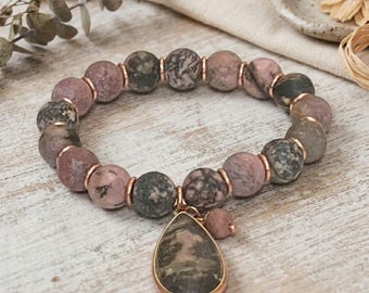 Rhodonite Pendant Stretch Bracelet, Matte Gemstones, Copper Accents
