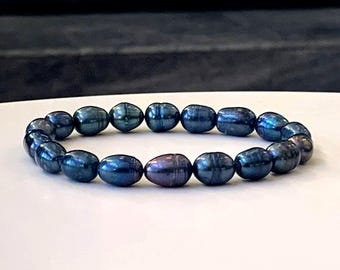 Black Freshwater Pearl Bracelet: Stretch Gemstone Jewelry, Men & Women