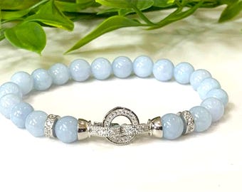 Blue Aquamarine Bracelet - Premium Grade Stretch Gemstone Bracelet, March Birthstone, Platinum-Plated QZ Lock+