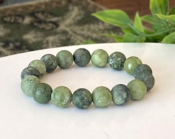 Frosted Green Jade Gemstone Stretch Bracelet Handmade with large 12mm Natural Jade Gemstones