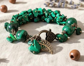 Genuine Malachite Gemstone Bracelet - Bronze Brass Accents, Handmade Elegant Statement Bracelet