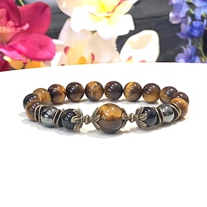 Triple Protection Gemstone Stretch Bracelet Handmade with Natural 12mm Tiger's Eye, Obsidian & Hematite Beads