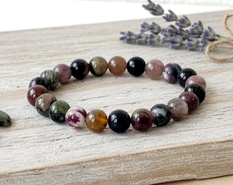 8mm Natural Tourmaline Gemstone Bracelet: October Birthstone, Protection Stone Jewelry