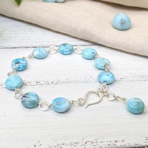 Handcrafted Larimar Bracelet: Large 12mm Dominican Gemstones, 925 Sterling Silver