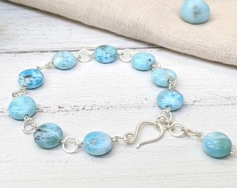 Handcrafted Larimar Bracelet: Large 12mm Dominican Gemstones, 925 Sterling Silver
