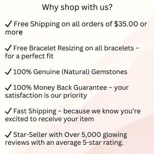 May include: Text graphic with the headline "Why shop with us?" and bullet points: Free Shipping, Free Bracelet Resizing, 100% Genuine Gemstones, Money Back Guarantee, Fast Shipping, and Star-Seller with over 5,000 reviews.