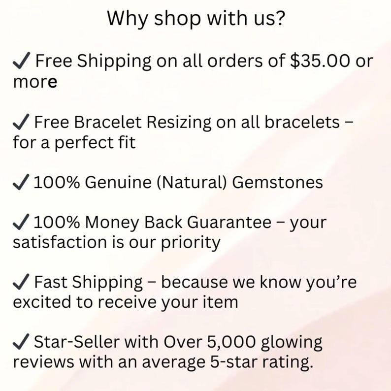 May include: Text graphic with the headline "Why shop with us?" and bullet points: Free Shipping, Free Bracelet Resizing, 100% Genuine Gemstones, Money Back Guarantee, Fast Shipping, and Star-Seller with over 5,000 reviews.